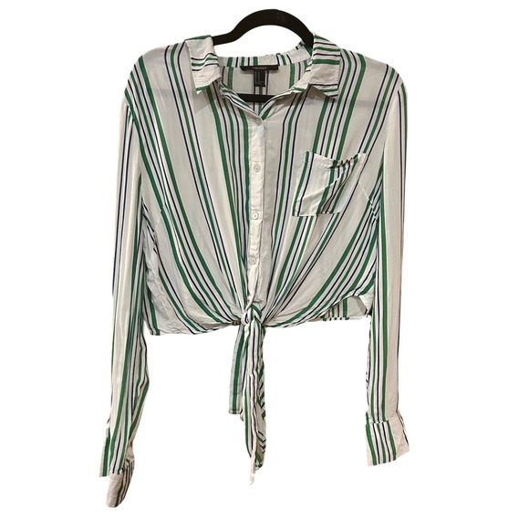 Forever 21 Striped Tie-Front Top Long Sleeve Button Down Shirt Medium 100% Rayon - Picture 2 of 8